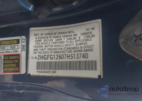 2007 Honda Civic Lx из США, поврежденный, VIN 2HGFG12607H513740